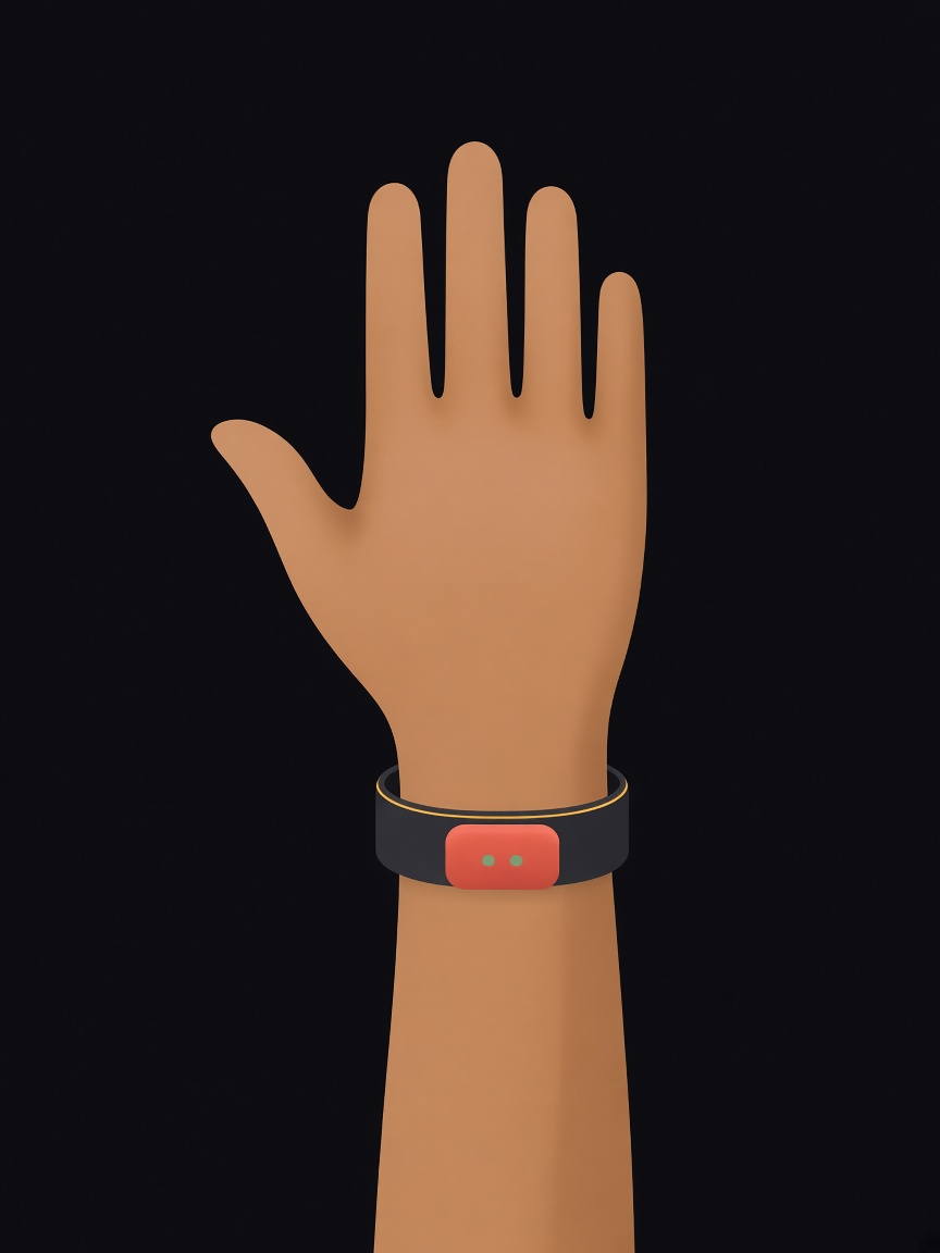 A cartoon hand and wrist wearing the 20/20 Vision band